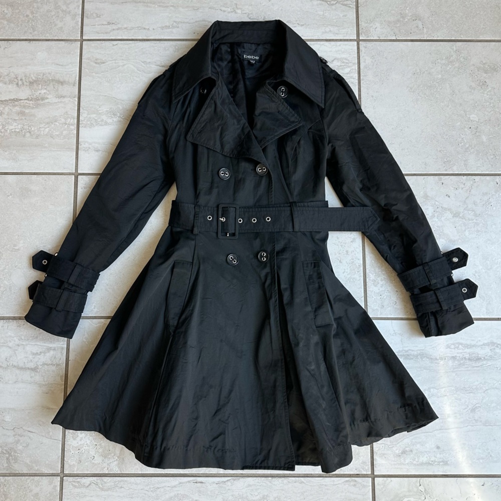 Bebe Belted Peplum Trench Coat, Black, Small